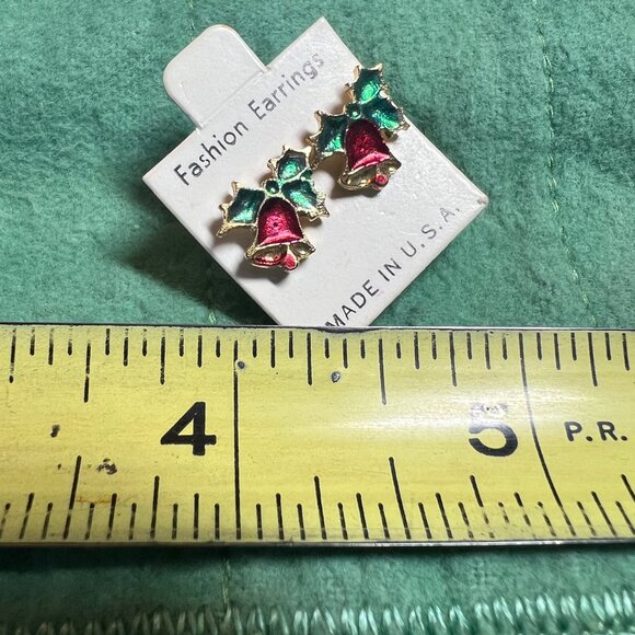 VTG Gold-Filled Brass Enamel Holiday Christmas Holly Bell Earrings - Picture 3 of 3